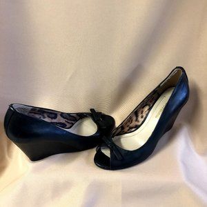 BCBG Peep Toe Black Leather Wedges